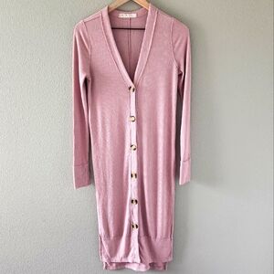We the Free Cardigan XS Longline Button Front Knit Duster Sweater Pink Ribbed